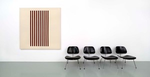 John Armleder, CRE (Furniture Sculpture), 1986–2006. Plywood, metal, enamel paint on canvas, chairs, 88 9/16 × 164 9/16 × 29 15/16 inches (225 × 418 × 76 cm)