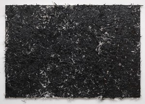 Dan Colen, hippity flippity!, 2012. Tar and feathers on canvas, 81 × 118 inches (205.7 × 299.7 cm) © Dan Colen. Photo: Rob McKeever