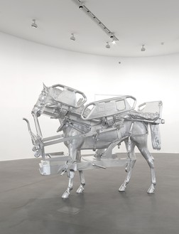 Urs Fischer, Horse/Bed, 2013 Milled aluminum, galvanized steel, screws, bolts, and two-component resin, 85 ⅞ × 103 ⅝ × 43 ¾ inches (218.1 × 263.1 × 111.1 cm), edition of 3© Urs Fischer. Photo: Matteo D’Eletto