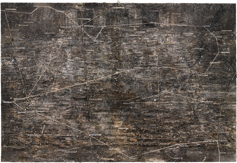 Anselm Kiefer, Lichtfalle, 1999 Shellac, emulsion, glass, and steel trap on linen, 149 × 220 inches (378.5 × 558.8 cm)© Anselm Kiefer. Photo: Rob McKeever