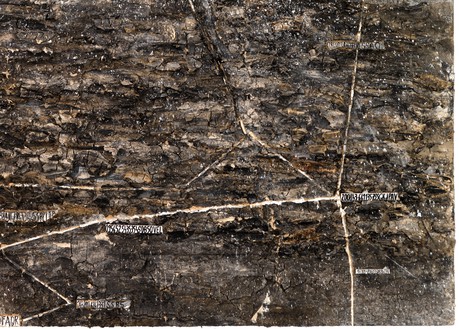 Anselm Kiefer, Lichtfalle, 1999 (detail) Shellac, emulsion, glass, and steel trap on linen, 149 × 220 inches (378.5 × 558.8 cm)© Anselm Kiefer. Photo: Rob McKeever