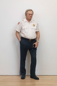 Duane Hanson, Security Guard, 1990. Autobody filler polychromed in oil, mixed media, and accessories, 71 × 26 × 13 inches (180.3 × 66 × 33 cm) Photo by Rob McKeever