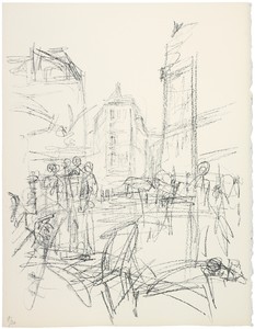 Alberto Giacometti, [Crowd at Intersection], c. 1965. Lithograph, 16 ¾ × 12 ⅞ inches (42.5 × 32.5 cm) Published in Paris sans fin (1969), plate 16 © 2014 Alberto Giacometti Estate/Licensed by VAGA and ARS, New York