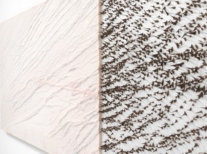 Giuseppe Penone, Pelle di marmo e spine d'acacia—Livia, 2006 (detail). Pink marble, canvas, silk, acacia thorns, 39 ⅜ × 139 ¾ × 2 ⅜ inches (100 × 355 × 6 cm) © Archivio Penone, photo by Mike Bruce
