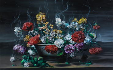 An arrangement of decaying and steaming flowers made giant against the backdrop of a night landscape.