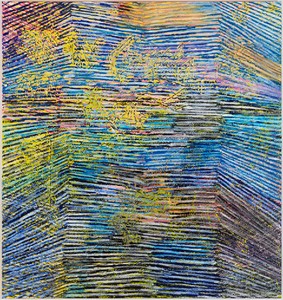 Harmony Korine, Pep Cubbie Line Painting, 2014. House paint, acrylic, oil, and collage on canvas, 63 × 67 inches (160 × 170.2 cm) Photo by Rob McKeever