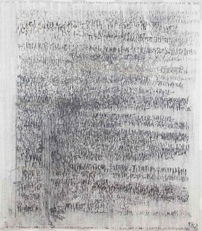 Despina Stokou, Google Search: Tomatoes (page 47/162), 2014 Charcoal, chalk, and paper on canvas, 98 ⅜ × 86 ⅝ inches (250 × 220 cm)