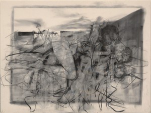 Jenny Saville, In the realm of the Mothers I, 2012–14. Charcoal on canvas, 98 ⅜ × 130 ¾ × 2 inches (249.8 × 332.2 × 5 cm) © Jenny Saville. Photo: Mike Bruce