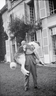 Picasso with Bob (the Great Pyrenees), Château de Boisgeloup, France, 1932 Modern print from original negative, 4 ⅝ × 2 ¾ inches (11.7 × 6.9 cm)Archives Olga Ruiz-Picasso© 2014 Estate of Pablo Picasso/Artists Rights Society (ARS), New York