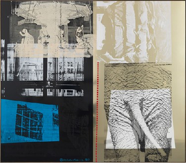 Robert Rauschenberg, Elephant Tale (Urban Bourbon), 1989 Acrylic and enamel on enameled and mirrored aluminum with bronze frame, 84 ¾ × 96 ¾ inches (215.3 × 245.7 cm)© The Robert Rauschenberg Foundation 2014/Licensed by VAGA, New York