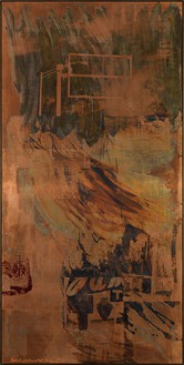 Robert Rauschenberg, Bush Socks (Borealis), 1992 Tarnishes on copper and acrylic, 96 13/16 × 48 13/16 inches (245.9 × 124 cm)© The Robert Rauschenberg Foundation 2014/Licensed by VAGA, New York, photo by Rob McKeever