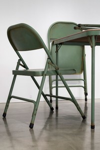 Robert Therrien, No title (Folding table and chairs, green), 2008 (detail). Painted metal and fabric, Table: 96 × 120 × 120 inches (243.8 × 304.8 × 304.8 cm); 4 chairs: 104 × 64 × 72 inches each (264.1 × 162.6 × 182.9 cm) Photo by Josh White