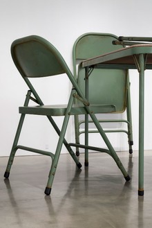 Robert Therrien, No title (Folding table and chairs, green), 2008 (detail) Painted metal and fabric, Table: 96 × 120 × 120 inches (243.8 × 304.8 × 304.8 cm); 4 chairs: 104 × 64 × 72 inches each (264.1 × 162.6 × 182.9 cm)Photo by Josh White