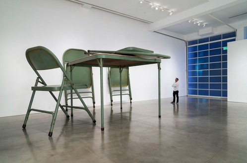 Robert Therrien, No title (Folding table and chairs, green), 2008 Painted metal and fabric, Table: 96 × 120 × 120 inches (243.8 × 304.8 × 304.8 cm); 4 chairs: 104 × 64 × 72 inches each (264.1 × 162.6 × 182.9 cm)Photo by Josh White