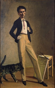 Painting of man standing with a cat rubbing his head on the man’s leg