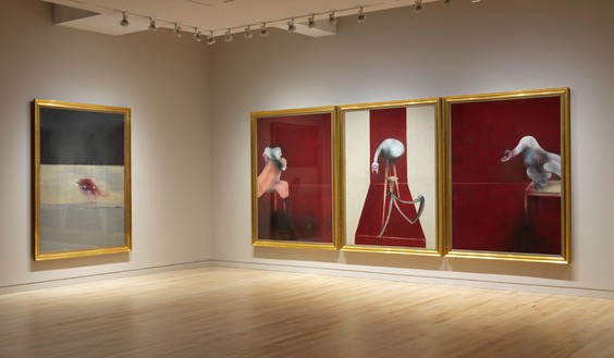 Installation view (left: Blood on Pavement, c. 1984; right: Second Version Triptych 1944, 1988) Artworks © The Estate of Francis Bacon. All rights reserved. / DACS, London / ARS, NY 2015., photo by Rob McKeeverReproduction, including downloading of—works is prohibited by copyright laws and international conventions without the express written permission of Artists Rights Society (ARS), New York.