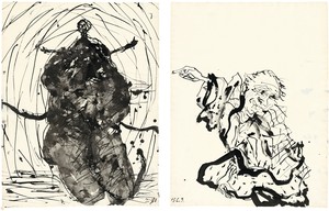 Georg Baselitz, Untitled, 2015. Ink pen, lavis, and india ink on paper, in 2 parts; left: 26 ½ × 20 ¼ inches (67.2 × 51.3 cm); right: 26 ⅛ × 20 ⅛ inches (66.4 × 50.9 cm) © Georg Baselitz 2015. Photo; Jochen Littkemann, Berlin