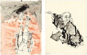 Georg Baselitz, Untitled, 2015. Ink pen, watercolor, and india ink on paper, in 2 parts; left: 26 ⅜ × 20 ⅛ inches (66.8 × 51 cm); right: 26 ⅜ × 20 ⅛ inches (66.9 × 50.9 cm) © Georg Baselitz 2015. Photo; Jochen Littkemann, Berlin