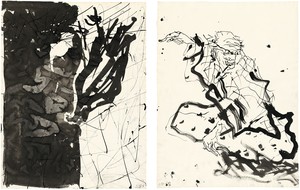 Georg Baselitz, Untitled, 2015. Ink pen and india ink on paper, in 2 parts; left: 26 × 20 ⅛ inches (66.1 × 50.9 cm); right: 25 ⅞ × 19 ¾ inches (65.7 × 50 cm) © Georg Baselitz 2015. Photo: Jochen Littkemann, Berlin
