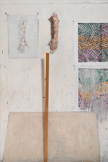 Jasper Johns, In the Studio, 1982 Encaustic and collage on canvas with objects, 72 × 48 × 5 inches (182.9 × 121.9 × 12.7 cm)Collection of the artist© Jasper Johns/Licensed by VAGA, New York. Photo: GraydonW