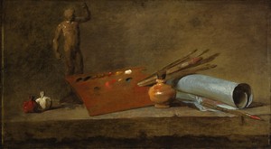 Jean-Baptiste Siméon Chardin, Attributs du peintre (Attributes of the Painter), c. 1725–27. Oil on canvas, 19 ⅝ × 33 ⅞ inches (50 × 86 cm) Princeton University Art Museum, Gift of Helen Clay Frick Photo: Bruce White