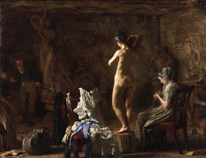 Thomas Eakins, William Rush Carving His Allegorical Figure of the Schuylkill River, 1876–77. Oil on canvas (later mounted on Masonite), 20 ⅛ × 26 ⅛ inches (51.1 × 66.4 cm) Philadelphia Museum of Art, Gift of Mrs. Thomas Eakins and Miss Mary Adeline Williams