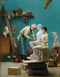 Jean-Léon Gérôme, Le travail du marbre, or L’artiste sculptant Tanagra (Working in Marble, or The Artist Sculpting Tanagra), 1890 Oil on canvas, 19 ⅞ × 15 ½ inches (50.5 × 39.4 cm)Dahesh Museum of Art, New YorkPhoto: Rob McKeever