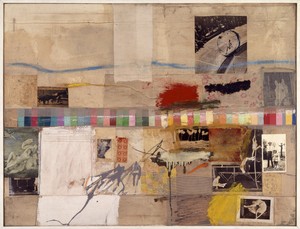 Robert Rauschenberg, Small Rebus, 1956. Oil, pencil, paint swatches, paper, newspaper, magazine clippings, black-and-white photograph, map fragments, fabric, and three-cent stamps on canvas, 37 ⅜ × 46 ¼ inches (95 × 117.5 cm) Museum of Contemporary Art, Los Angeles, The Panza Collection © Robert Rauschenberg Foundation/Licensed by VAGA, New York