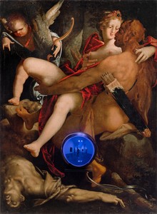 Jeff Koons, Gazing Ball (Spranger Hercules, Deianira, and Centaur Nessus), 2015. Oil on canvas, glass, and aluminum, 73 ⅝ × 54 × 14 ¾ inches (187 × 137.2 × 37.5 cm) © Jeff Koons