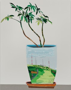 Jonas Wood, Landscape Pot, 2014. Oil and acrylic on canvas, 118 × 93 inches (299.7 × 236.2 cm)