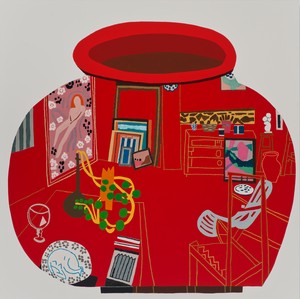 Jonas Wood, Red Studio Pot, 2014. Oil and acrylic on canvas, 72 × 72 inches (182.9 × 182.9 cm)