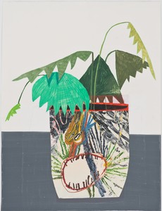 Mark Grotjahn &amp; Jonas Wood, Collaboration with Grotjahn, 2008. Acrylic, colored pencil, oil, and collage on paper, 10 ¾ × 31 inches (27.3 × 78.7 cm)