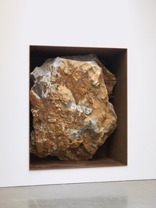 Michael Heizer, Asteroid, c. 2000. 12-ton ore rock in weathered steel frame, 127 ½ × 104 ¼ × 52 inches (323.9 × 264.8 × 132.1 cm) Photo: Rob McKeever