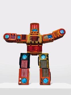 Nam June Paik, Bakelite Robot, 2002 Single-channel video (color, silent) with LCD monitors and vintage Bakelite radios, 48 × 50 × 7 ¾ inches (121.9 × 127 × 19.7 cm)© Nam June Paik Estate