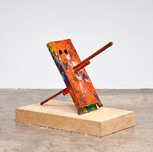 Mark Grotjahn, Untitled (Scraped and Left Orange Cannon, Mask 25.E), 2013. Painted bronze, 44 × 28 ½ × 59 inches (111.8 × 72.4 × 149.9 cm) © Mark Grotjahn