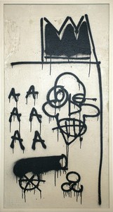 Jean-Michel Basquiat, Untitled, 1981. Aerosol paint, pencil, felt-tip pen, acrylic, and enamel paint on panel, 50 ½ × 29 inches (128.3 × 73.7 cm) © The Estate of Jean-Michel Basquiat