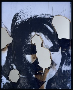 Douglas Gordon, Self Portrait of You + Me (Jackie smiling II), 2008. Burned print, smoke, and mirror, 45 ⅜ × 36 ¾ inches (115.2 × 93.5 cm)
