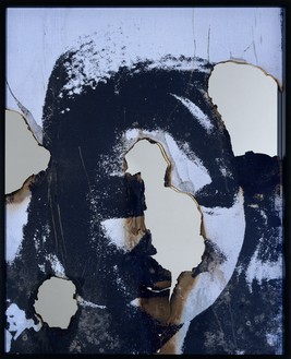 Douglas Gordon, Self Portrait of You + Me (Jackie smiling II), 2008 Burned print, smoke, and mirror, 45 ⅜ × 36 ¾ inches (115.2 × 93.5 cm)