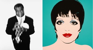 Left: Richard Avedon Louis Armstrong, musician, Newport Jazz Fesitival, Newport, Rhode Island, May 3, 1955, 1955. Gelatin silver print 52 × 44 inches (132.1 × 111.8 cm) © The Richard Avedon Foundation Right: Andy Warhol Liza Minelli, 1976 Acrylic and silkscreen ink on linen 40 × 40 inches (101.6 × 101.6 cm) The Andy Warhol Museum, Pittsburgh; Founding Collection, Contribution Dia Center for the Arts © 2015 The Andy Warhol Foundation for the Visual Arts, Inc. / Artists Rights Society (ARS), New York