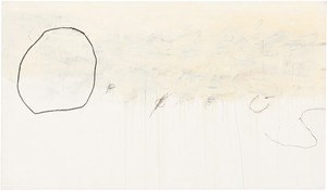 Cy Twombly, Orpheus, 1979. Oil-based house paint, [paint stick], and wax crayon on canvas, 77 × 131 ¾ inches (195.7 × 334.5 cm) Private Collection © Cy Twombly Foundation