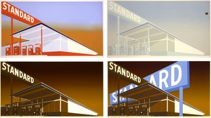 Ed Ruscha, clockwise from top left: Standard Station, 1966; Cheese Mold Standard with Olive, 1969; with Mason Williams, Double Standard, 1969; and Mocha Standard, 1969. Screenprints on paper; clockwise from top left: 25 ⅝ × 40 inches (65.1 × 101.6 cm), 25 ¾ × 40 ⅛ inches (65.4 × 101.9 cm), 25 ¾ × 40 inches (65.4 × 101.6 cm), and 24 ⅞ × 40 inches (63.2 × 101.6 cm); edition of 50, 150, 40, and 100 © Ed Ruscha