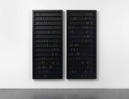 Edmund de Waal, black milk, 2015 237 porcelain vessels in a pair of wood, aluminium, and glass vitrines, Overall: 108 × 100 ⅜ × 5 ½ inches (274.5 × 255 × 13.5 cm)© Edmund de Waal, photo by Mike Bruce