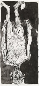 Georg Baselitz, Untitled, 2015. India ink pen and india ink on paper mounted on canvas, 130 ⅜ × 58 ½ inches (331 × 148.5 cm) © Georg Baselitz 2016. Photo: Jochen Littkemann, Berlin
