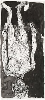 Georg Baselitz, Untitled, 2015 India ink pen and india ink on paper mounted on canvas, 130 ⅜ × 58 ½ inches (331 × 148.5 cm)© Georg Baselitz 2016. Photo: Jochen Littkemann, Berlin