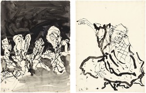Georg Baselitz, Untitled, 2015. Ink pen and india ink on paper, in 2 parts; overall, framed: 34 ⅛ × 49 ⅝ inches (86.6 × 126.2 cm) © Georg Baselitz 2015. Photo: Jochen Littkemann, Berlin