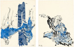Georg Baselitz, Untitled, 2015. Ink pen, watercolor on paper, and india ink on paper, in 2 parts; overall, framed: 34 ⅛ × 49 ⅝ inches (86.6 × 126.2 cm) © Georg Baselitz 2015. Photo: Jochen Littkemann, Berlin