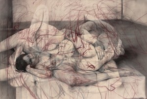 Jenny Saville, One out of two (symposium), 2016. Charcoal and pastel on canvas, 59 ⅞ × 88 ⅝ inches (152 × 225 cm) © Jenny Saville. Photo: Mike Bruce