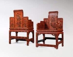 Armchairs, Qing dynasty (1644–1911)—early 18th century (detail). Qiangjin lacquer, set of 4; each, height: 43 ¼ inches (110 cm), width: 21 ¼ inches (54 cm) Provenance: Private Collection, Palm Beach, Florida; A&amp;J Speelman; Lullin Collection, Switzerland, early 1980; Private Collection, New York Photo: Frédéric Dehaen, Studio Roger Asselberghs