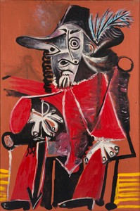 Pablo Picasso, Mousquetaire à l’épée assis, 1969. Oil on canvas, 76 ¾ × 51 ¼ inches (195 × 130 cm) © 2016 Estate of Pablo Picasso/Artists Rights Society (ARS), New York. Photo: Béatrice Hatala
