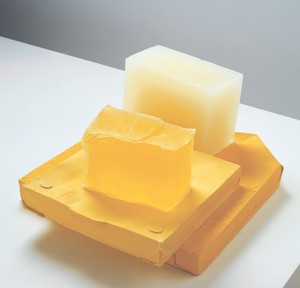 Rachel Whiteread, YELLOW EDGE, 2007–08. Plaster, pigment, and resin, in 4 parts, 7 ⅝ × 15 ¼ × 18 ½ inches (19.5 × 38.6 × 47 cm) © Rachel Whiteread. Photo: Mike Bruce